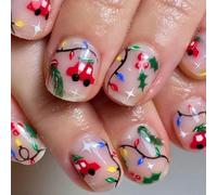Ceboic 24 Pièces Noël Faux Ongles Ovale Court, Français Guirlande Lumineuse Colorée Press on Nails, Voiture Dessin Animé Capsules Ongles Reutilisables, Acrylique Rose Nude Ongles à Coller pour Fille