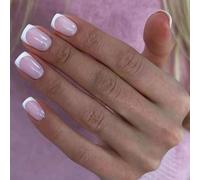 Ceboic 24 Pièces Ongles à Coller Court Carrés, Naturel Rose Faux Ongle Autocollants Bordure Blanc Français Press on Nails, Acrylique Reutilisable Ongles à Presser pour Femmes Filles