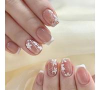 Ceboic 24 Pièces Soft Gel Faux Ongles Courts Carré Blanc Fleurs Français Press on Nails Couverture Complète Artificiels Ongles Square Faux Ongles à Coller Nude pour Femmes et Filles DIY Manucure