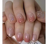Ceboic 24Pcs Carré Faux Ongles Autocollants, Rose Pailleté Français Ongles à Coller Court Naturel Press on Nails, Réutilisables Couverture Complète Acrylique Ongles pour Femmes et Filles, 12 Tailles