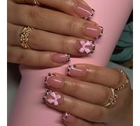Ceboic 24Pcs Court Carré Faux Ongles Autocollants, Noeud Rose Ongles à Coller avec 3D Noeud Papillon Dessin French Press on Nails, Réutilisables Acrylique Ongles pour Femmes et Filles