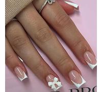 Ceboic 24Pcs Court Carré Faux Ongles Autocollants, Rose Blanc Ongles à Coller avec 3D Noeud Papillon French Press on Nails, Réutilisables Acrylique Ongles pour Femmes et Filles, 12 Tailles