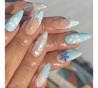 Ceboic 24Pcs Faux Ongles Amande Moyenne, Blancs Bleus French Press on Nails | Stiletto Acrylique Ongles à Coller avec Fleurs 3D & Étoile de Mer, Fait Main Réutilisables Faux Ongles pour Femmes & Filles