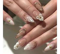 Ceboic 24Pcs Faux Ongles Amande Moyenne, Fleurs Blanches 3D French Press on Nails avec Perles Dorées, Couverture Complète Capsules Ongles, Réutilisable Acrylique Faux Ongles à Coller pour Femme