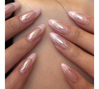 Ceboic 24Pcs Faux Ongles Amande Moyenne, Rose French Press on Nails, Couverture Complète Capsules Ongles, Réutilisable Acrylique Brillant Faux Ongles à Coller pour Femme et Fille Nail Art