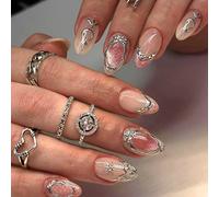 Ceboic 24Pcs Faux Ongles Autocollants Amande Moyenne, Œil de chat Brillant Ongles à Coller Français, Rose Nude Ongles à Presser avec Bords Argentés, Réutilisable Acrylique Press on Nails pour Femme