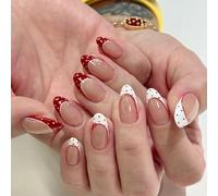 Ceboic 24Pcs Faux Ongles Autocollants Amande Moyenne, Pois Rouges et Blancs Ongles à Coller Français, Ongles à Presser avec Motif Dentelle, Réutilisable Acrylique Press on Nails pour Femme et Fille