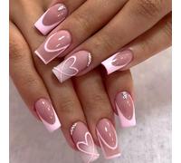 Ceboic 24Pcs Faux Ongles Carrés Moyenne, Cœur Rose French Press on Nails, Couverture Complète Capsules Ongles, Naturel Réutilisable Acrylique Faux Ongles à Coller pour Femmes Filles Nail Art