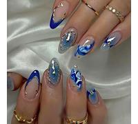 Ceboic 24Pcs Faux Ongles Moyenne Amande, Bleu Gradient French Press on Nails, Naturel Reutilisable Ongles Artificiels avec Étoiles Brillantes, Acryliques Faux Ongles à Coller pour Femmes Filles