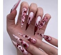 Ceboic 24PCS Halloween Faux Ongles Amande Rose Français Press on Nails Naturel Ongles à Coller Gouttes de Sang Effrayantes Design Stiletto Réutilisables Couverture Complète Acrylique Ongle pour Femmes