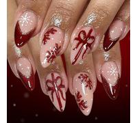 Ceboic 24Pcs Noël Ongles à Coller Moyen Amande, Rose Nude Press on Nails, French Faux Ongles avec Rouge Nœud & Flocon Neige Designs, Acryliques Ongles à Presser pour Femmes et Filles Nail Décoration