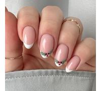 Ceboic 30Pcs Noël Press on Nails Moyen Amande, Rose Nude French Faux Ongles, Acrylique Ongle à Coller avec Houx Motif, Artificiel Reutilisable Ongle à Presser pour Femmes et Filles Nail Décoration