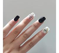 CEBOIC Faux Ongles Court, Ongle Pose Americaine Press-on Nails Noir et Blanc avec Décoration Plaid, Kit Faux Ongles avec Colle Luxueux Réutilisable Pour Femmes et Filles Tenues de Tous Jours