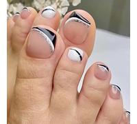 Ceboic Faux Ongles pour Orteil D'été French Blanc Noir Ligne Faux Ongles D'Orteil Pleine Couverture Ongles Conseils Pied Ongles avec Exquis Dessin pour Femmes et Filles Nail Art Décorations