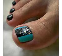 Ceboic Faux Ongles pour Orteil D'été French Brillant Bleu Noir Faux Ongles D'Orteil Pleine Couverture Ongles Conseils Pied Ongles avec Exquis Dessin pour Femmes et Filles Nail Art Décorations