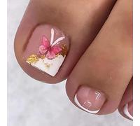 Ceboic Faux Ongles pour Orteil D'été French Brillant Faux Ongles D'Orteil Pleine Couverture Ongles Conseils Pied Ongles avec Exquis Papillon Dessin pour Femmes et Filles Nail Art Décorations
