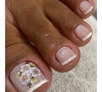 Ceboic Faux Ongles pour Orteil Exquis Blanc Fleurs D'été Artificiels Faux Ongles D'Orteil Pleine Couverture Ongles Conseils Pied Ongles pour Femmes et Filles Nail Art Décorations