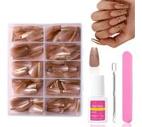 Ceboic French Press on Nails, 240Pcs Long Ballerine Faux Ongles à Coller, Cercueil Acrylique Artificiel Ongles avec Gold Paillettes Bordure, Naturel Couverture Complète Capsules Ongles pour Femmes