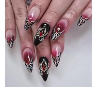 Ceboic Halloween Faux Ongles Amande Moyenne, 24 Pièces French Tip Press on Nails Rouge Ongles à Coller avec 3D Araignée, Acrylique Ongles à Presser avec Autocollants Adhesif pour Femmes et Filles
