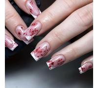 Ceboic Halloween Faux Ongles Carré Moyenne, 24 Pièces French Tip Press on Nails Goutte de Sang Rouge Ongles à Coller, Square Acrylique Ongles à Presser avec Autocollants Adhesif pour Femmes et Filles