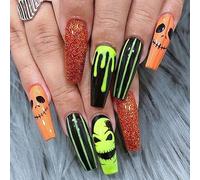 Ceboic Halloween Faux Ongles Long, 24 Pièces Mignon Ongles à Coller Français Press on Nails avec Épouvantail Dessin, Cercueil Acrylique Couverture Complète Bâton sur Ongles pour Femmes et Filles