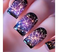 Ceboic Lot de 24 Faux Ongles Autocollants Carrés Moyen, Galaxie Ciel Étoilé Brillant Français Ongles à Coller, Ballerine Press on Nails, Acrylique Faux Ongles à Presser pour Femmes et Filles