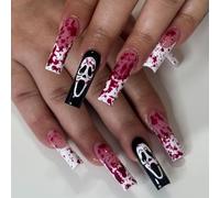 Ceboic Lot de 24 Halloween Faux Ongles à Coller Carrés, Français Blanc Pointe Press on Nails avec Goutte de Sang Horrifiant, Acrylique Ongles Artificiels, Réutilisables Capsule Ongle pour Femme Filles