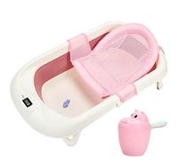 Cecaylie Baignoire Bébé, Baignoire Pliable Portable avec Détection de Température, Tout-petits avec Tapis Antidérapant, Arrosoir pour Bébé, 0-6 Ans, Rose