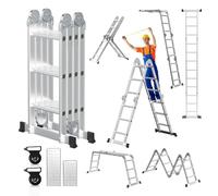 Cecaylie Échelle multifonction 7 en 1 en aluminium 4 x 3 avec 2 plateformes et 2 roues de transport jusqu'à 150 kg, échelle pliante, échelle combinée, échelle d'appui, échelle d'escalade, échelle