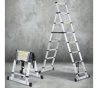 Cecaylie Échelle télescopique de 2 + 2,3 m, en aluminium, cadre en A, 6 + 7 marches, charge maximale : 150 kg, extensible, pour réparations de toit, dimension pliée : 69 cm