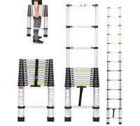 Cecaylie Échelle télescopique en Aluminium avec Crochets Amovible 3,8 m échelle Extensible antidérapante, Multi-Fonction Ladder Charge 330lbs / 150 kg, Argent