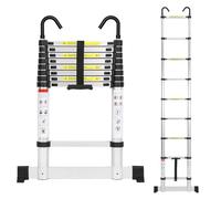 Cecaylie Échelle télescopique en aluminium de 2,6 m - Échelle extensible avec stabilisateur et crochets amovibles - Antidérapante - Multifonction - Charge maximale : 150 kg