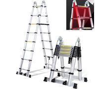 Cecaylie Échelle télescopique pliable de 5 m (2,5 + 2,5), en aluminium, avec double poulie amovible, charge maximale : 150 kg, extensible, antidérapante, argentée