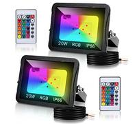 Cecaylie Projecteur LED RGB Exterieur 20W, 2 pack Projecteur LED Couleur avec Fonction Mémoire & Télécommande, Spot LED Extérieur de Jardin 16 Couleurs 4 Modes, Etanche IP66 pour jardins, Terrasse
