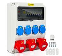 Cecaylie Répartiteur mural 1 x 32 A, 2 x 16 A, 4 x 230 V avec LS+FI, distributeur de courant avec disjoncteur de protection, distributeur de courant de construction avec prise Schuko, 5 broches,