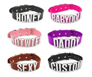 CECE&COLE Collier Avec Lettres En Strass Et Grands Mots Pour Femmes Et Hommes, Mode En Cuir Pu Noir, Large Collier Ras Du Cou, Nom Personnalisé, Bricolage, Rouge, 32 Cm, 45 Cm