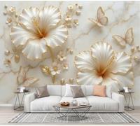 CECE&COLE Papier Peint 3D Floral Animal Relief 3D Effet Panoramique Photo Muraux | 350×256 CM Poster Soie Mural Feuilles Dorées Hibiscus Papillon Geant Mural Salon,Restaurant Décoration MuraleOr