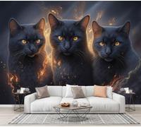 CECE&COLE Papier Peint 3D Panoramique Ténèbres Feu Animal Papier Peint Poster | Chat Noir Flamme Fumée Muraux Photo Pour Salon Chambre Restaurant Couloir Tv Fond Décor Mural 300×210 CM