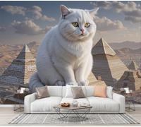 CECE&COLE Papier Peint Animaux Paysages Architecture | Papier Peint Panoramique Chat Blanc Pyramide Désert, Fresque Murale Soie - Décoration Murale Pour Salon, Chambre, Bureau - 450×315 CM