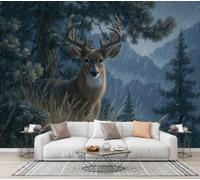 CECE&COLE Papier Peint Hiver Forêt Tropicale Animaux | Papier Peint Panoramique Cerf Mâle Pin Gouttes De Pluie, Fresque Murale Soie - Décoration Murale Pour Salon, Chambre, Bureau - 400×280 CM
