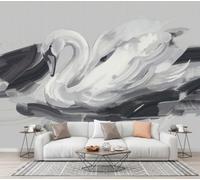 CECE&COLE Papier Peint Panoramique Soie Salon,Abstrait Lignes Animaux 350×256 CM | Motif Surface De L'Eau Cygne Reflet Tapisserie Murales Papier Peint,Revêtement Mural,Grand Poster Mural