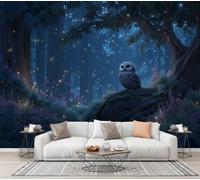 CECE&COLE Papier Peint Panoramique Soie Salon,Forêt Ciel Étoilé Animaux 350×256 CM | Motif Forêt Point Lumineux Hibou Tapisserie Murales Papier Peint,Revêtement Mural,Grand Poster Mural