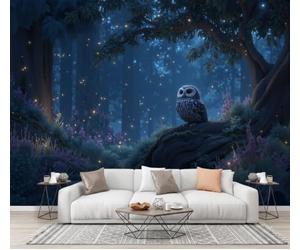 CECE&COLE Papier Peint Panoramique Soie Salon,Forêt Ciel Étoilé Animaux 350×256 CM | Motif Forêt Point Lumineux Hibou Tapisserie Murales Papier Peint,Revêtement Mural,Grand Poster Mural