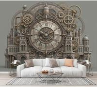 CECE&COLE Papier Peint Panoramique Steampunk Mécanique Engrenages Relief | 350×256 CM 3D Mural Design,Photo Géante Pour Salon Décoration Murale XXL Soie,Tour De L'Horloge Engrenage