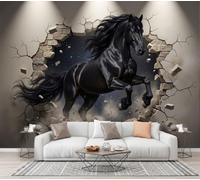 CECE&COLE Papier Peint Photo Soie 3D Ciel Étoilé Cheval Noir Relief, Cheval Noir Brique Brisée | 350×256 CM Mur XXL Muraux,pour Salon Chambre,Revêtement Mural,Papier Peint 3D,Résistant aux UV