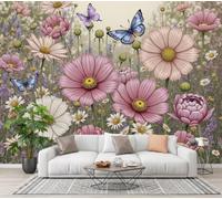 CECE&COLE Papier Peint Rétro Peint Floral 3D Effet Panoramique Photo Muraux | 350×256 CM Poster Soie Mural Cosmos Papillon Lavande Geant Mural Salon Chambre D'enfants Restaurant Décoration Murale