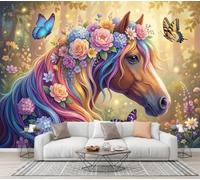 CECE&COLE Papier Peint Rêveur Fleurs Animaux 3D Effet Panoramique Photo Muraux | 400×280 CM Poster Soie Mural Cheval Fleur Papillon Geant Mural Salon Chambre D'enfants Restaurant Décoration Murale