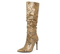 Ceciloroda Femmes's Knee Bottes Hautes Gold Slouchy Ruched Wide Calf Fall Chaussures Bout Pointu Pull On Dressy Bottes Stiletto Confort Size 36