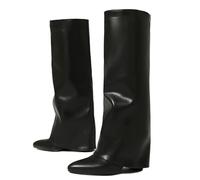 Ceciloroda Fold Over Bottes Knee High pour Femme Talons Chunky Long Boots Wide Calf Dressy Bout Pointu Slouch Boots Black Size 37