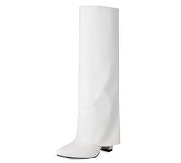Ceciloroda Fold Over Bottes Knee High pour Femme Talons Chunky Long Boots Wide Calf Dressy Bout Pointu Slouch Boots White Size 36